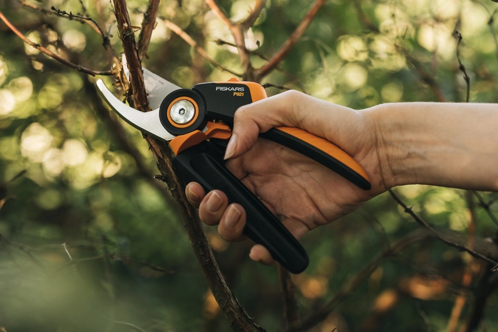 Eine Person nutzt eine Gartenschere von Fiskars